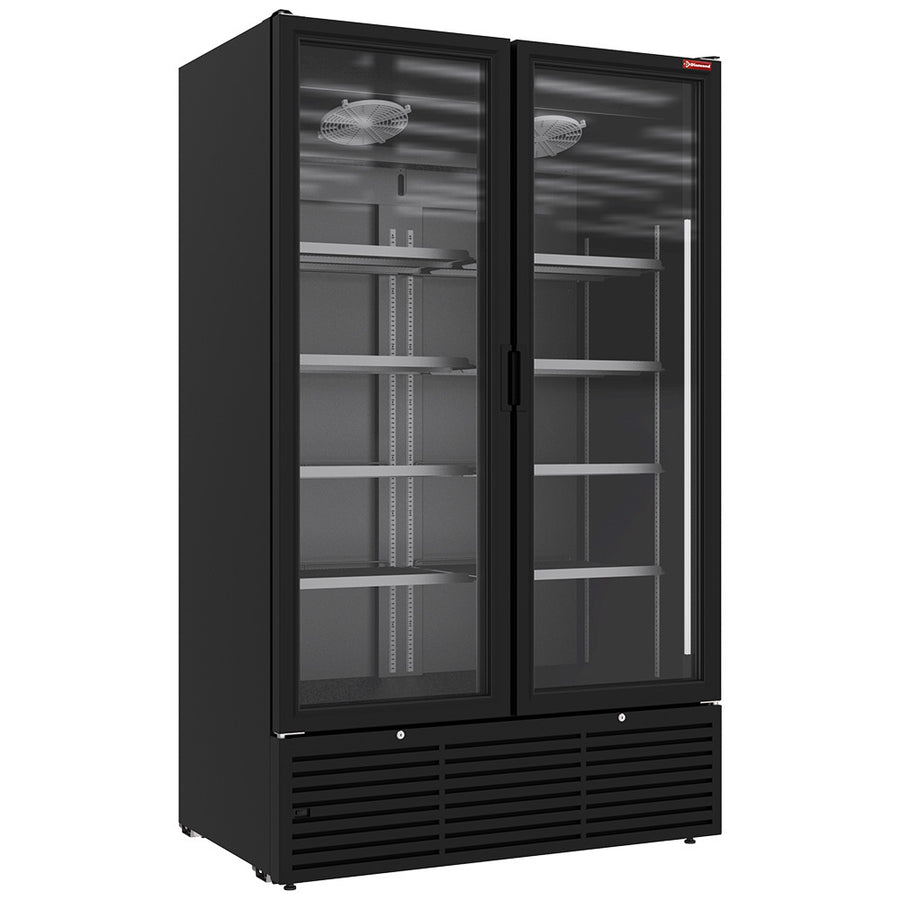 Vitrine ventilée positive Diamond noire pour bouteilles et canettes, 1142 litres, 2 portes battantes, affichage clair.