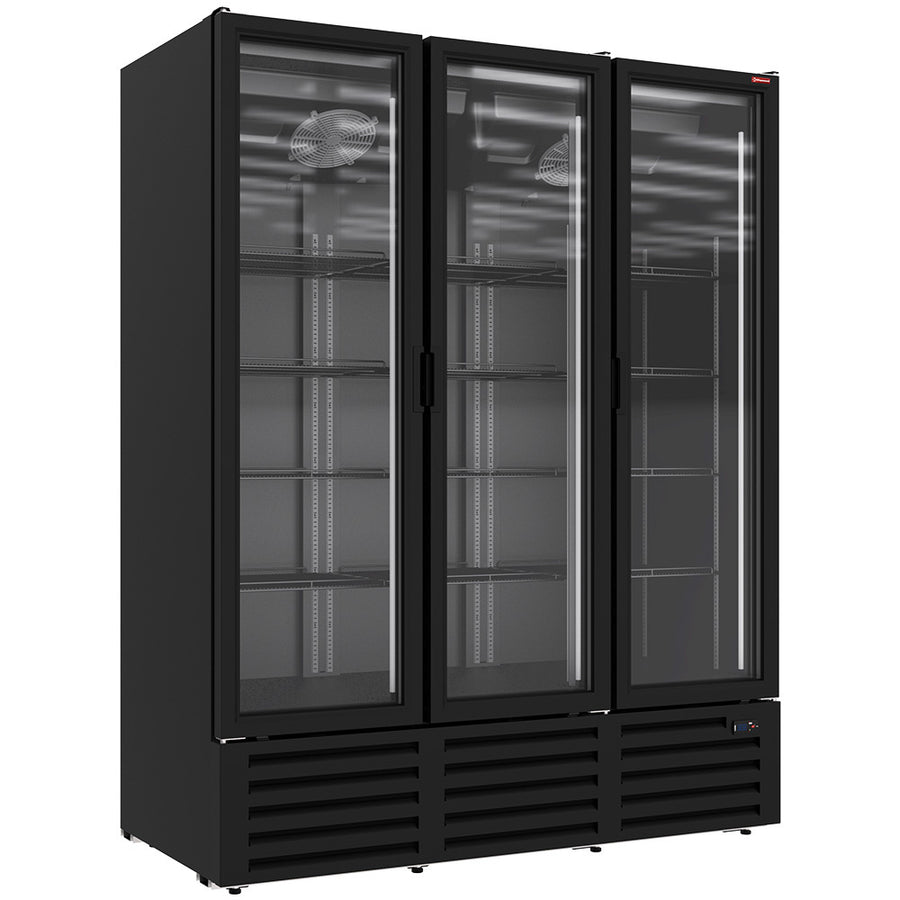 Vitrine ventilée positive Diamond noire de 1455 litres avec 3 portes battantes pour bouteilles et canettes.
