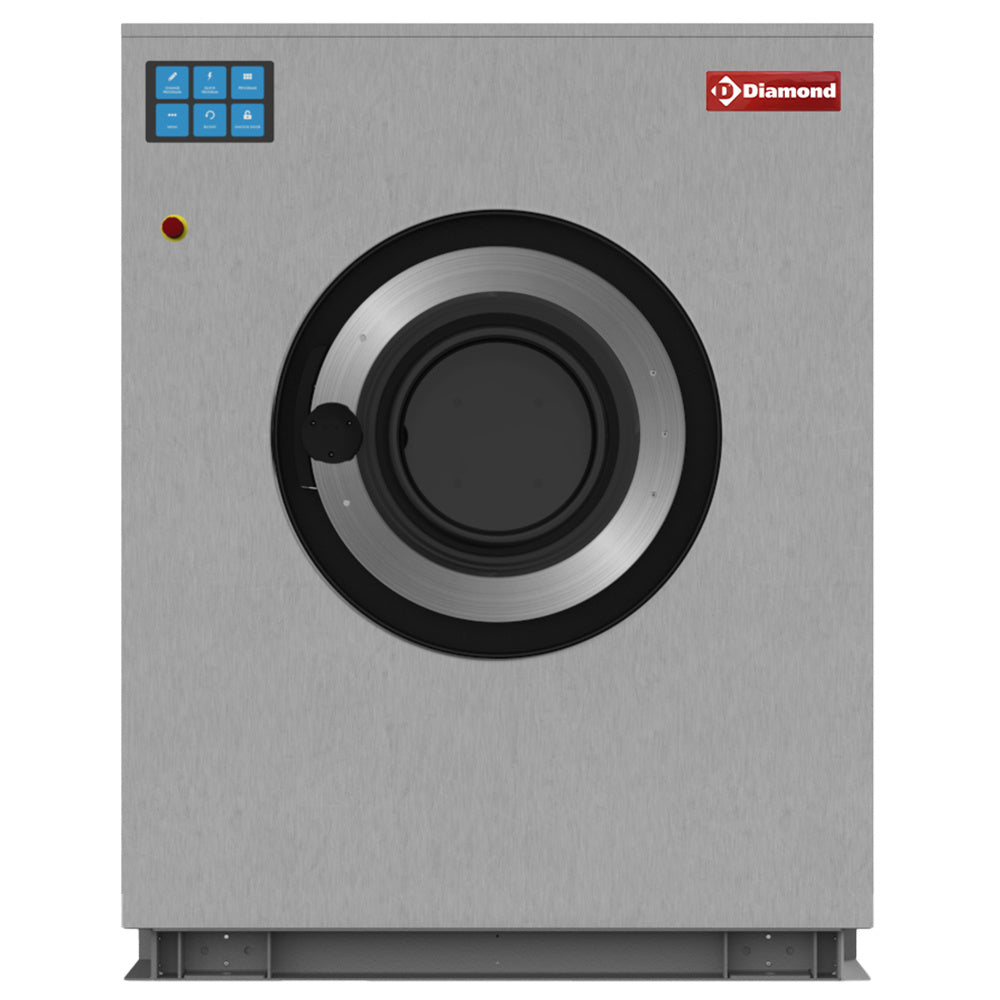 Lave-linge à sceller Diamond inox 30 kg avec écran tactile, conçu pour la pose au sol, affichant le panneau de contrôle.