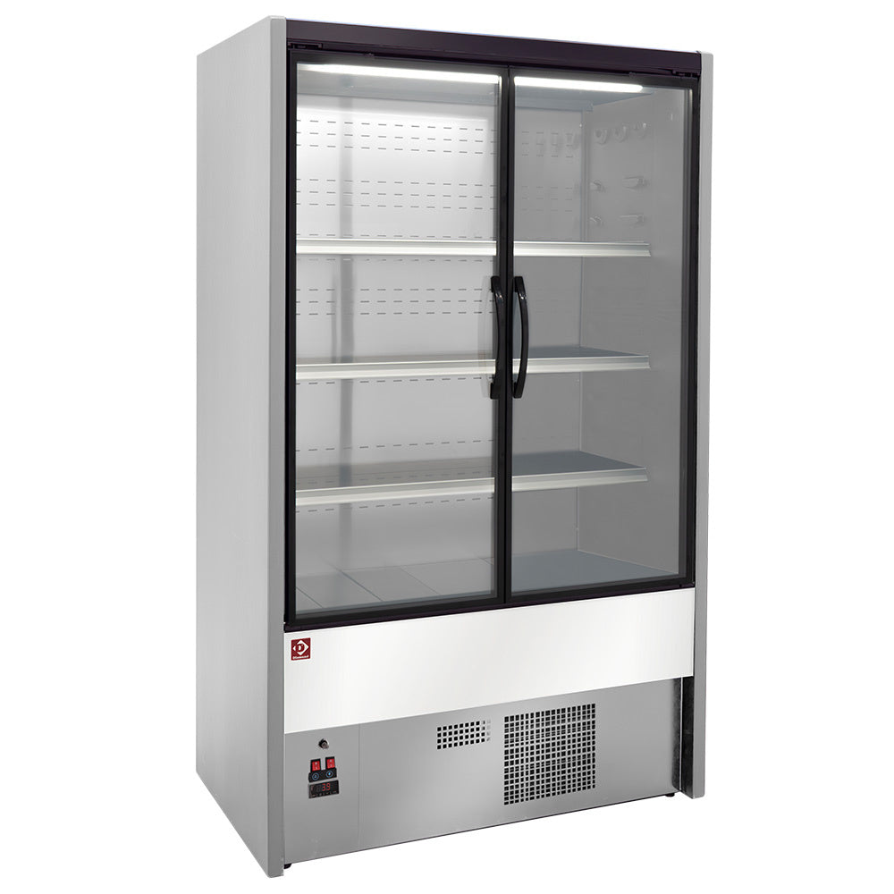 Meuble mural réfrigéré Diamond avec portes battantes gris et blanc, pour l'exposition ou la restauration.