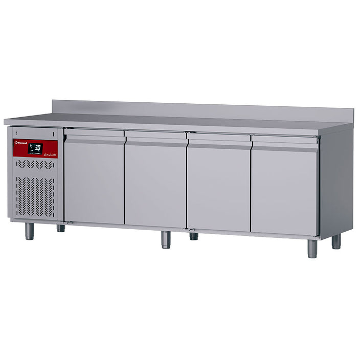 Table frigorifique murale ventilée Diamond, 4 portes GN 1/1, groupe à gauche, capacité 550 L, réfrigérée à 4 portes.