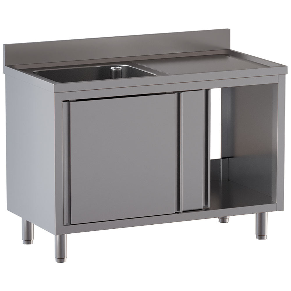Plonge avec une cuve 600x500x300, égouttoir droit, sur armoire à portes coulissantes Diamond, vue latérale.