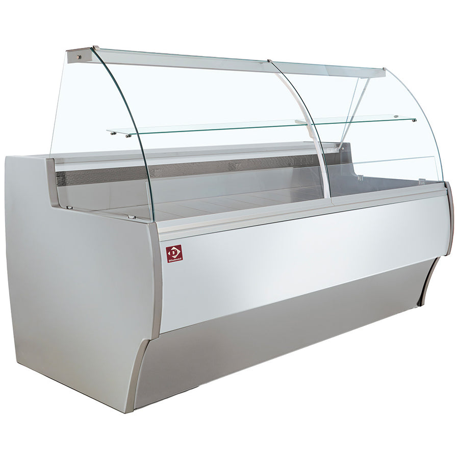 Vitrine réfrigérée Diamond à vitre bombée, ventilée, avec réserve, en gris et blanc, exposant des produits alimentaires.