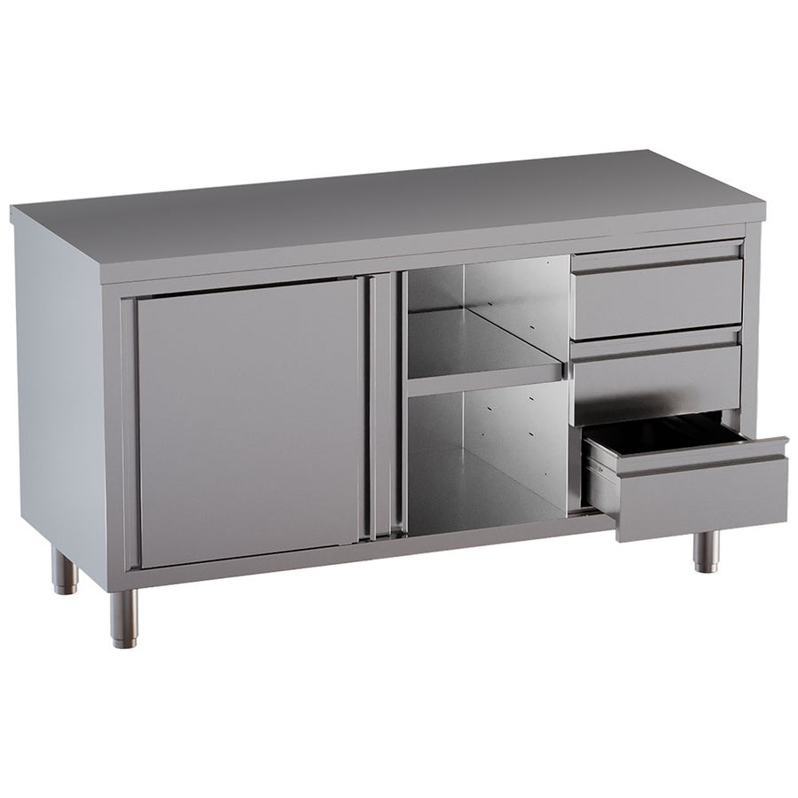 Table sur armoire neutre et 3 tiroirs à droite