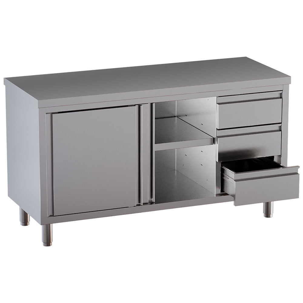 Table sur armoire neutre et 3 tiroirs à droite