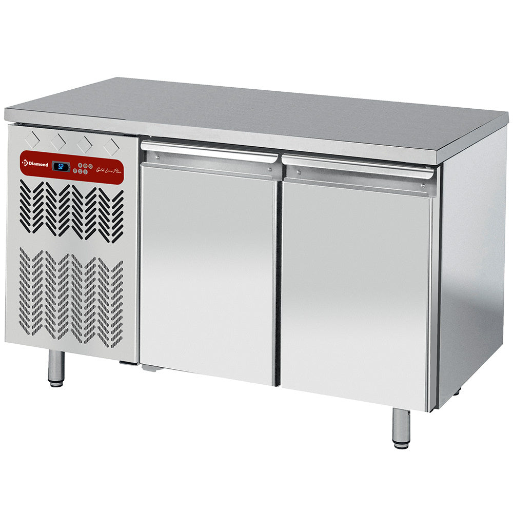 Table frigorifique ventilée Diamond, réfrigérée 2 portes GN 1/1, groupe à gauche, surface en acier inoxydable.