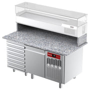 Table frigorifique ventilée pour pizza Diamond, avec 1 porte, 7 tiroirs et plan en granit, idéale pour la conservation et la préparation.