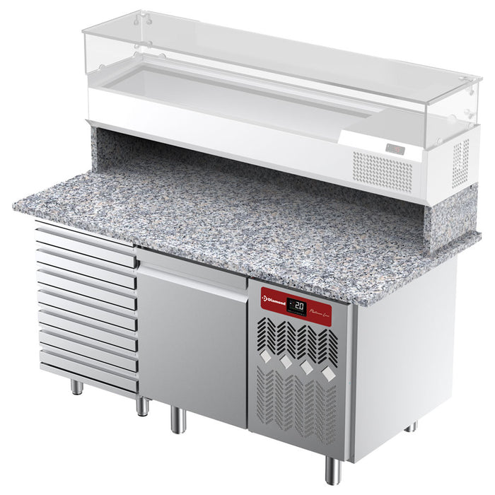 Table frigorifique, ventilée, pour pizza 1 porte et 7 tiroirs et plan de travail en granit