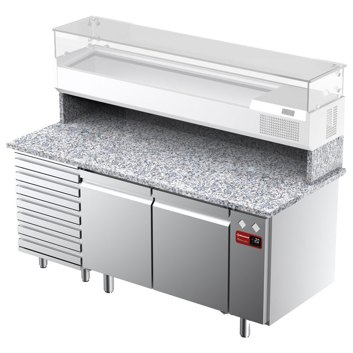 Table frigorifique, ventilée, pour pizza 2 portes et 7 tiroirs avec  plan de travail en granit (sans groupe)