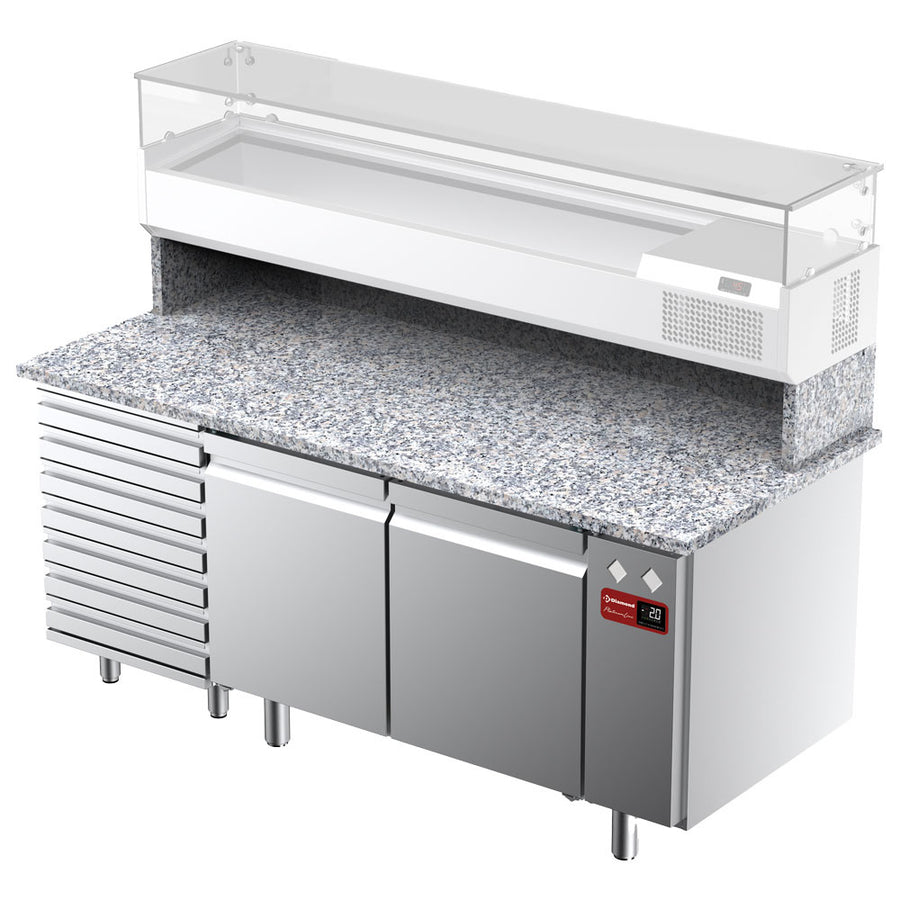Table frigorifique, ventilée, pour pizza 2 portes et 7 tiroirs avec  plan de travail en granit (sans groupe)
