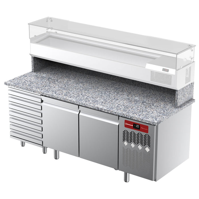 Table frigorifique, ventilée, pour pizza 2 portes et 7 tiroirs avec plan de travail en granit