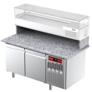 Table frigorifique ventilée pour pizza avec 2 portes et plan en granit, marque Diamond, pour stockage et préparation.