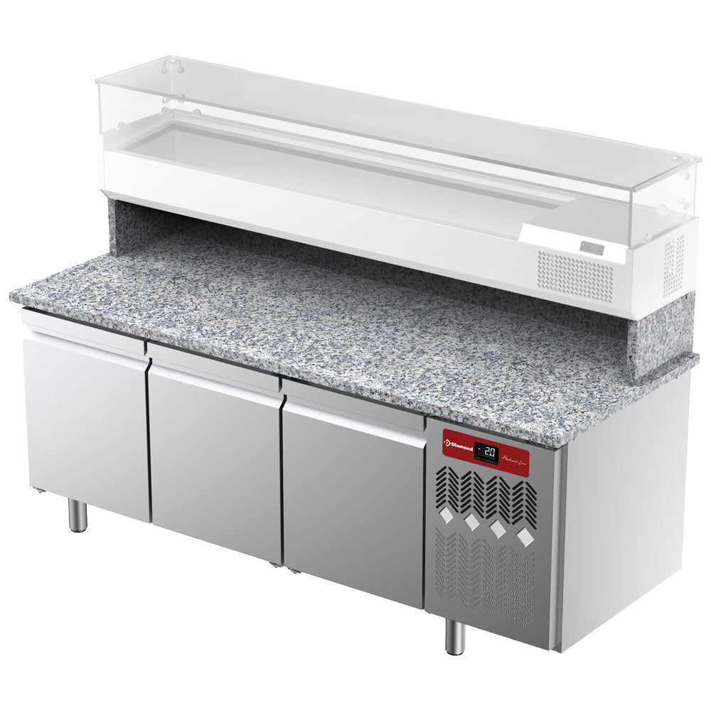 Table frigorifique, ventilée, pour pizza 3 portes avec plan de travail en granit