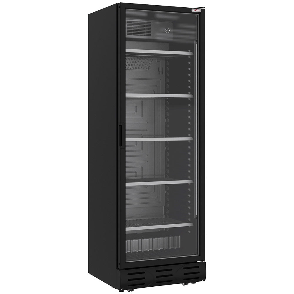 Vitrine ventilée positive noire de 382 litres pour bouteilles et canettes, marque Diverso, vue en gros plan.