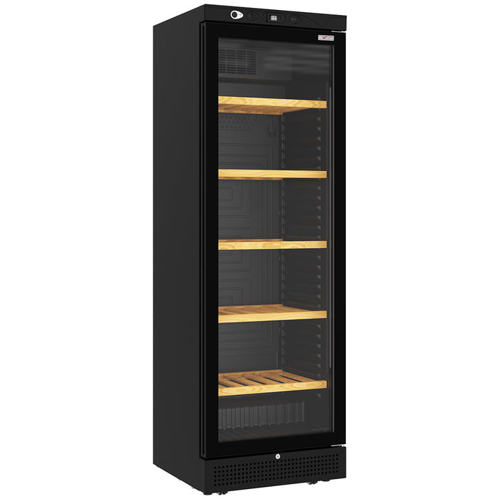 Vitrine cave à vins ventilée Diverso noire avec 5 niveaux, capacité de 382 litres, idéale pour stocker et exposer des bouteilles.