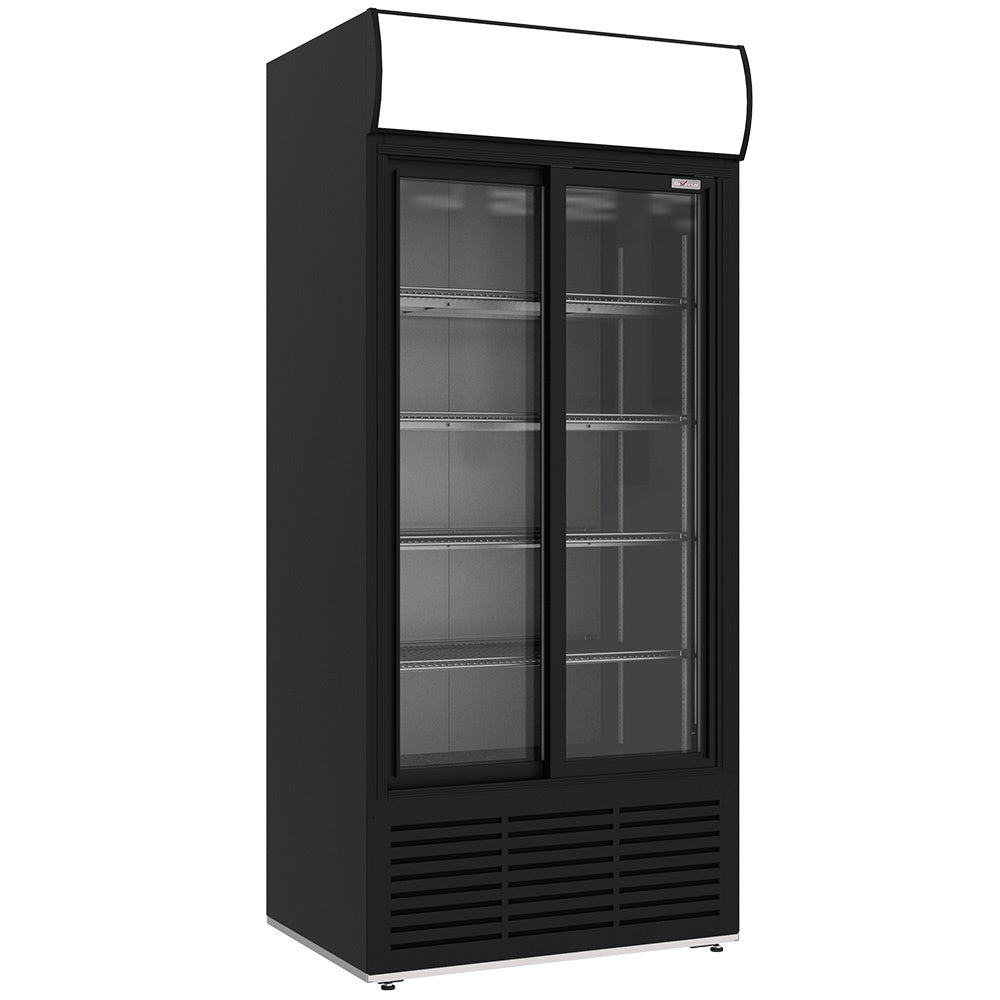 Vitrine ventilée positive Diverso noire pour bouteilles et canettes, 783L, 2 portes coulissantes avec caisson lumineux.