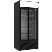 Vitrine ventilée positive, 783 litres, 2 portes coulissantes, avec caisson lumineux, NOIRE