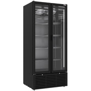 Vitrine ventilée positive noire de 804 litres, deux portes battantes pour bouteilles et canettes, Diverso.