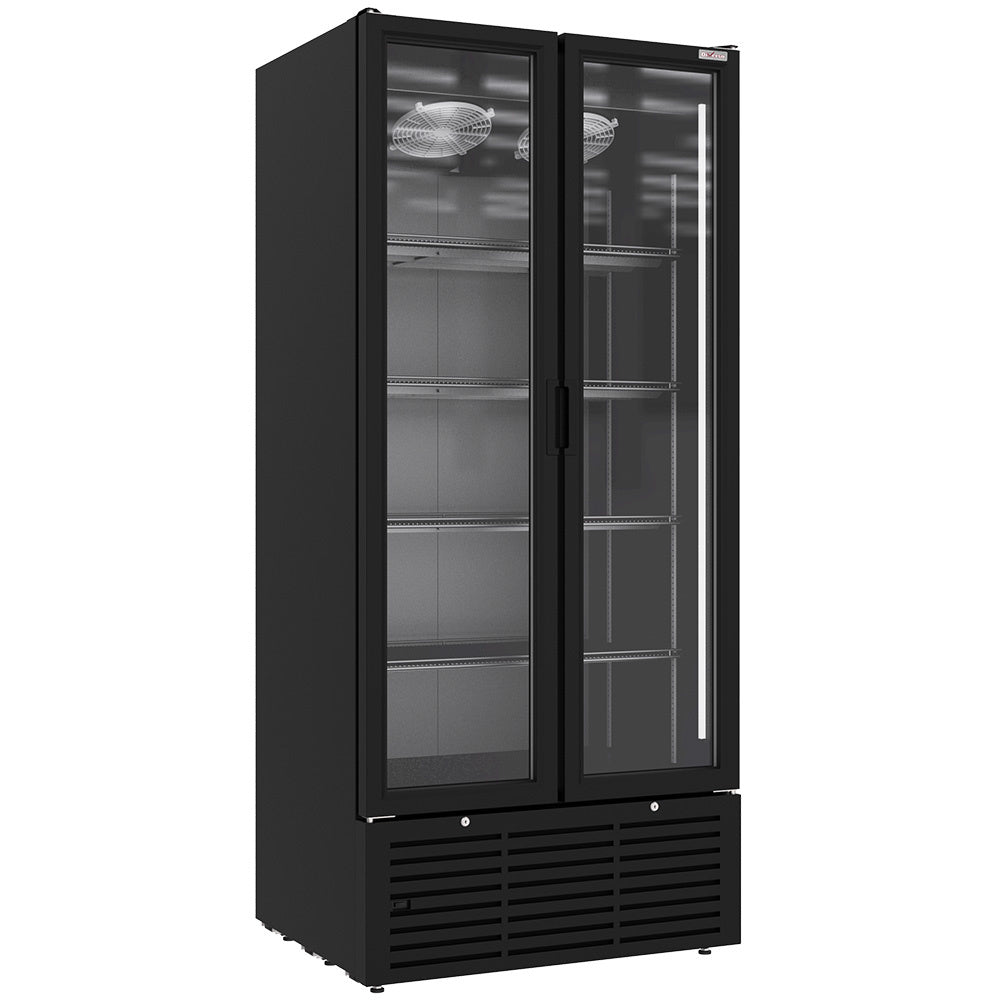 Vitrine ventilée positive noire de 804 litres, deux portes battantes pour bouteilles et canettes, Diverso.