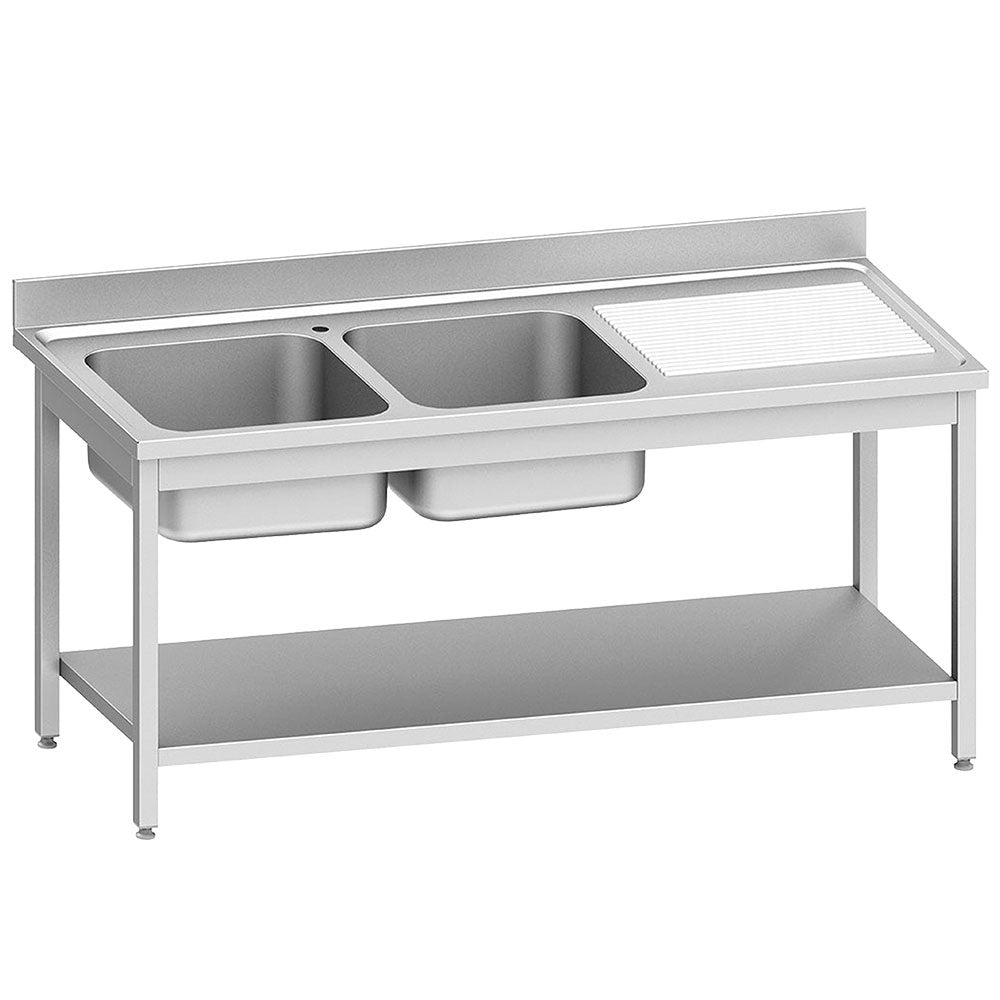 Plonge inox ECO 2 cuves égouttoir droite, avec tablette inférieure