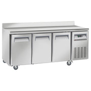 Table frigorifique, ventilé, 3 portes GN 1/1, avec dosseret, sur roues, 2 avec freins