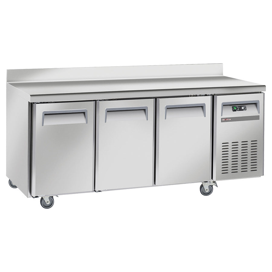 Table frigorifique, ventilé, 3 portes GN 1/1, avec dosseret, sur roues, 2 avec freins