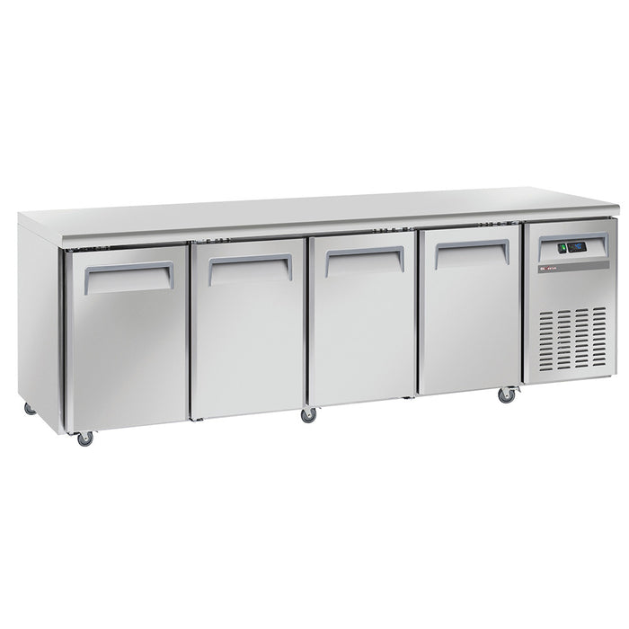 Table frigorifique, ventilé, 4 portes GN 1/1, sur roues, 2 avec freins