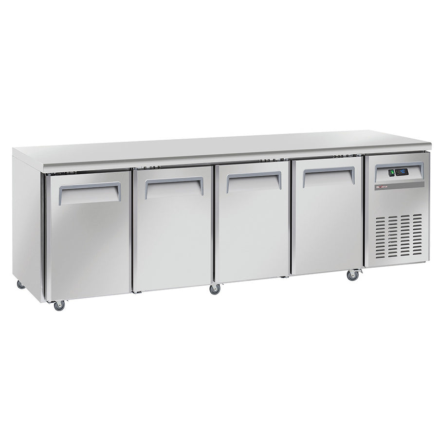 Table frigorifique, ventilé, 4 portes GN 1/1, sur roues, 2 avec freins