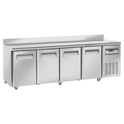 Table frigorifique, ventilé, 4 portes GN 1/1, avec dosseret, sur roues, 2 avec freins