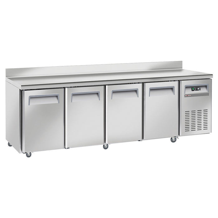 Table frigorifique, ventilé, 4 portes GN 1/1, avec dosseret, sur roues, 2 avec freins
