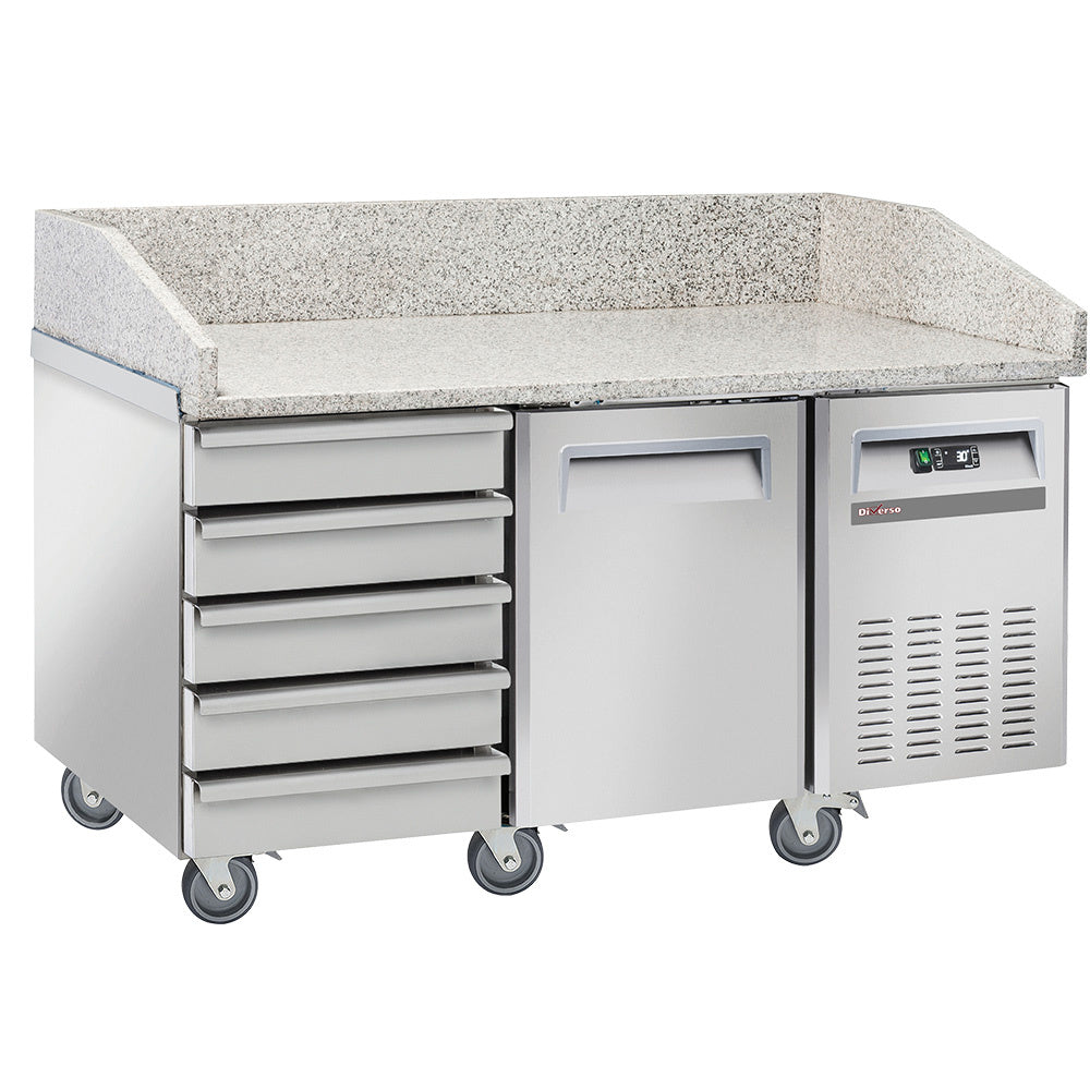 Table frigo pizzeria, 1 porte EN 600x400, 5 tiroirs neutres EN 600x400, sur roues, 2 avec freins