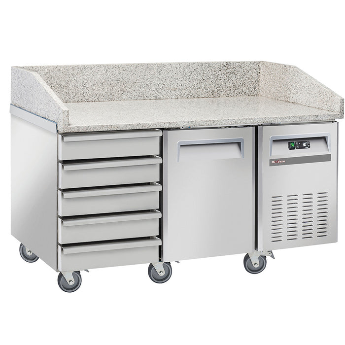Table frigo pizzeria, 1 porte EN 600x400, 5 tiroirs neutres EN 600x400, sur roues, 2 avec freins