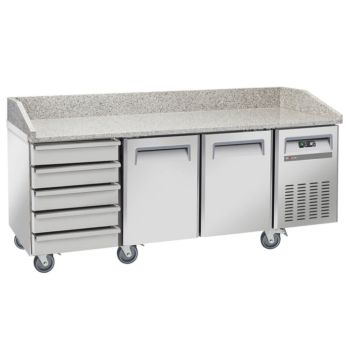 Table frigo pizzeria, 2 portes EN 600x400, 5 tiroirs neutres EN 600x400, sur roues, 2 avec freins