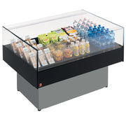 Vitrine réfrigérée self-service panoramique Diamond gris/noir, équipée d'étagères en verre pour présentation de produits.