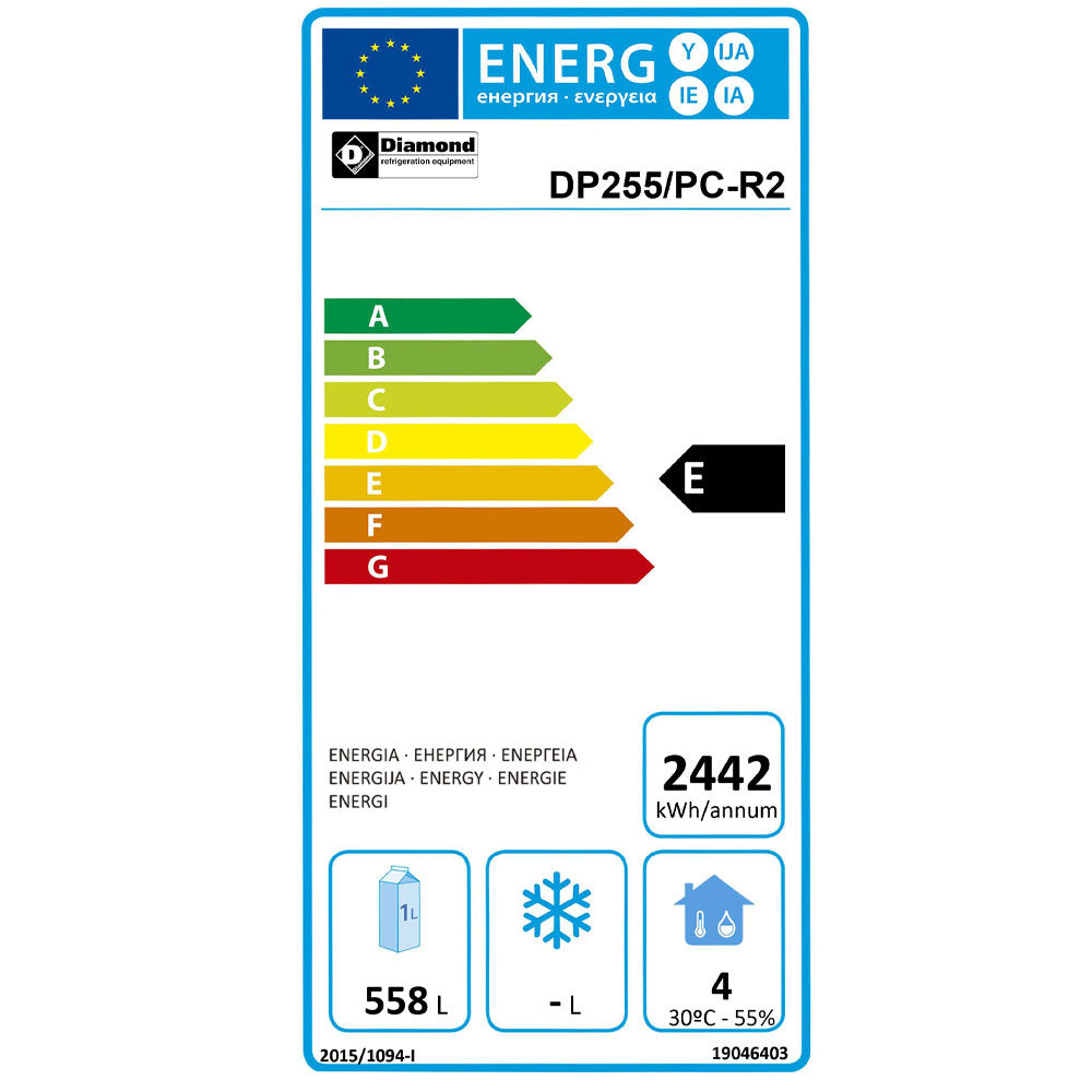 Table frigorifique ventilée Diamond 4 portes en acier inoxydable, capacité de 760 L, dimensions 600x400 mm, modèle robuste.