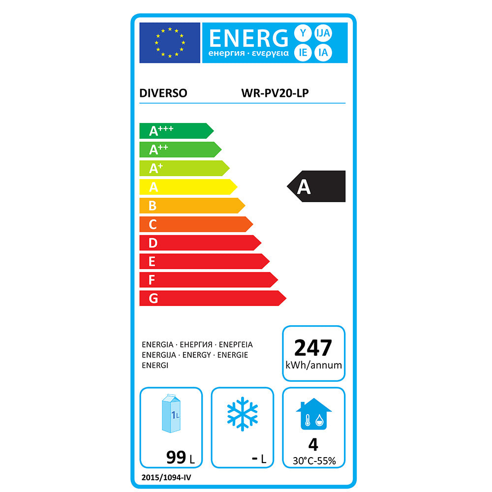 Réfrigérateur ventilé blanc de 200 litres de la marque Diverso, vue de face avec porte et grille de ventilation.