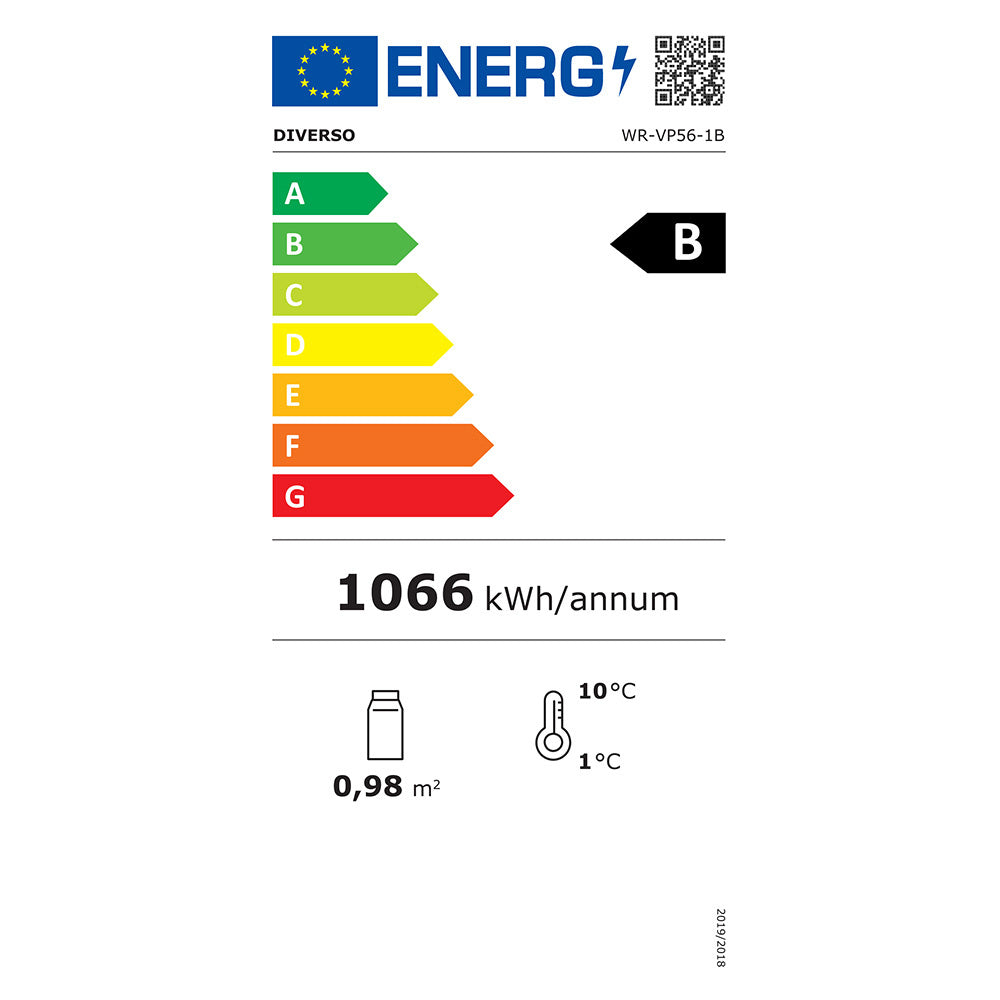 Vitrine frigo verticale noire pour bouteilles et canettes, 615 litres, par Diverso avec une porte en verre.