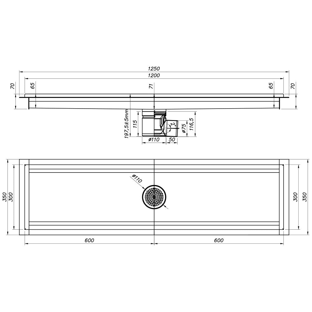 Caniveau de sol inox 1200x300, sortie horizontale