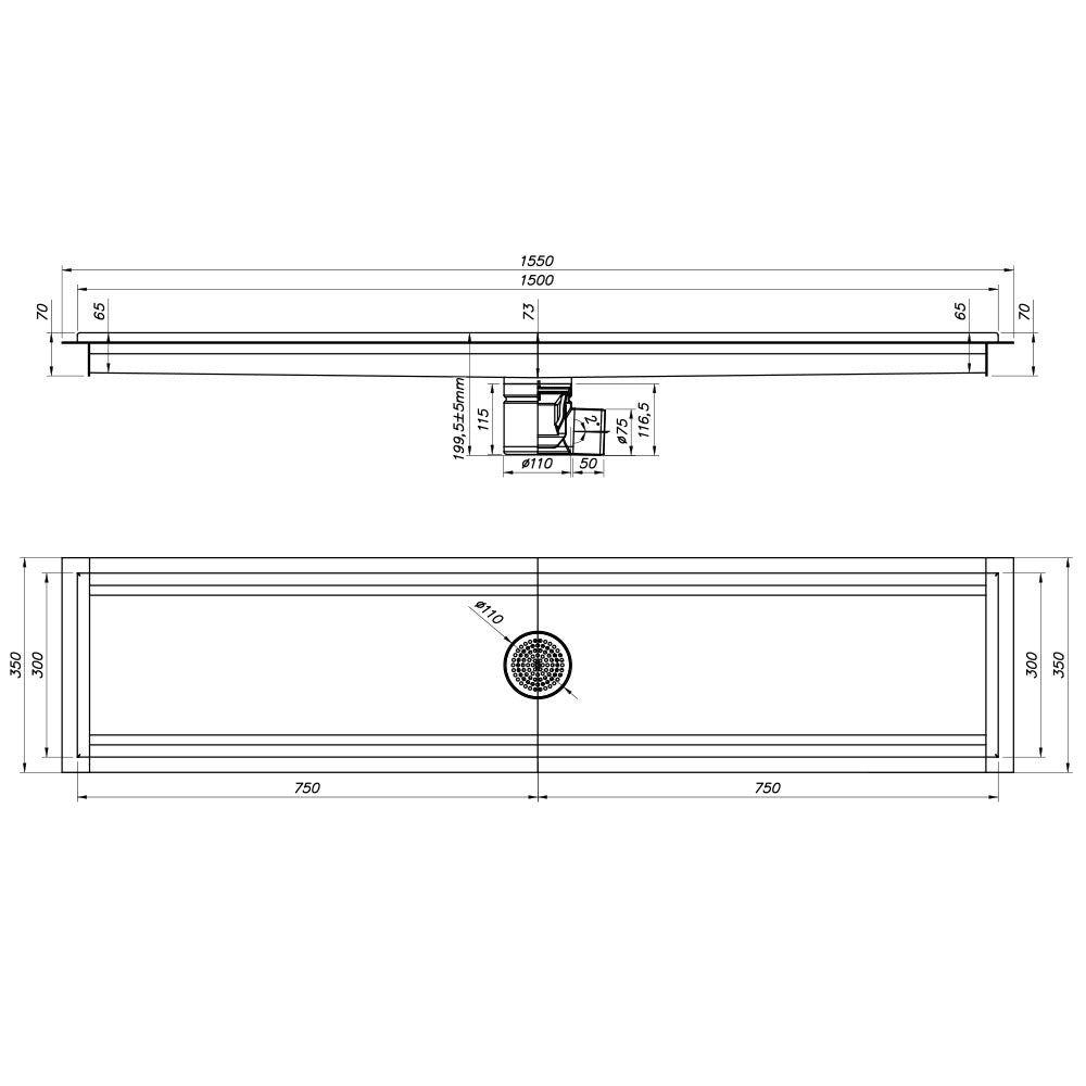 Caniveau de sol inox 1500x300, sortie horizontale