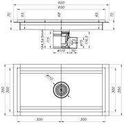 Caniveau de sol inox 600x300, sortie horizontale