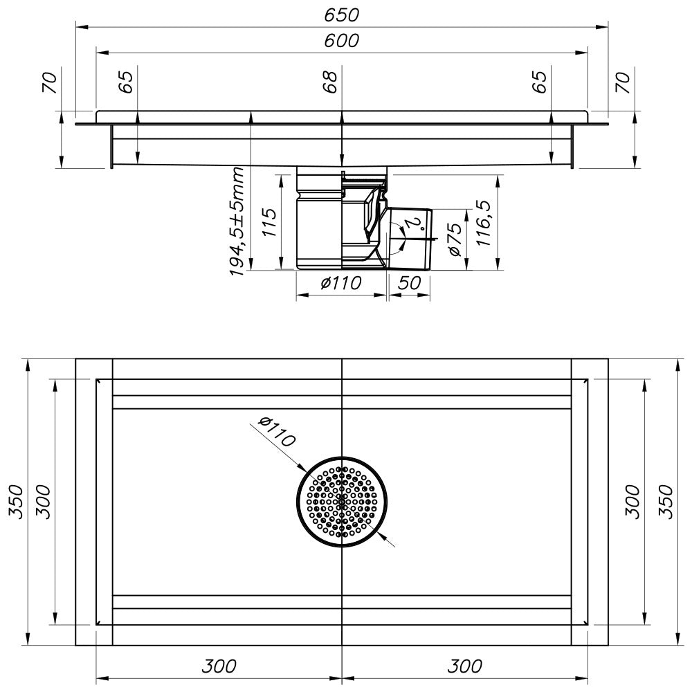 Caniveau de sol inox 600x300, sortie horizontale