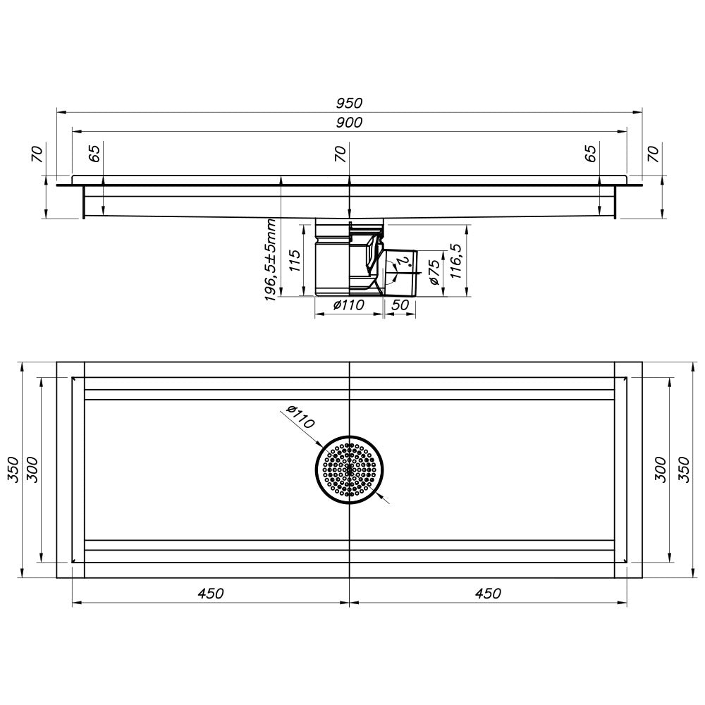 Caniveau de sol inox 900x300, sortie horizontale