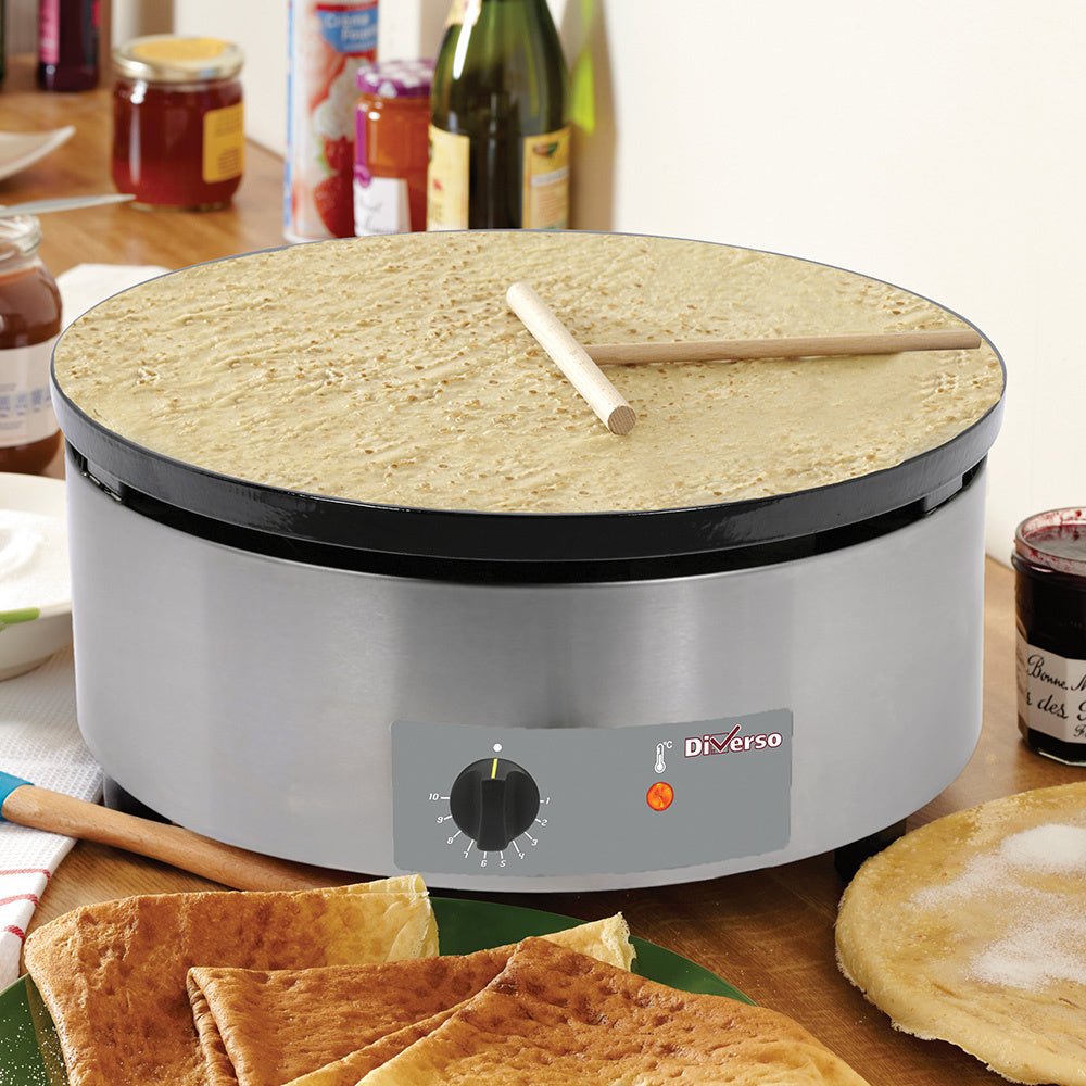 Crêpière électrique Diverso, plaque unique émaillée de 400 mm pour crêpes, haut rendement, détail de la surface de cuisson.