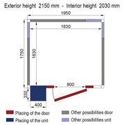 Chambre ISO 60 Diverso avec groupe, dimensions 1830x1630x2030 mm, isolation 60 mm, détails en gros plan.