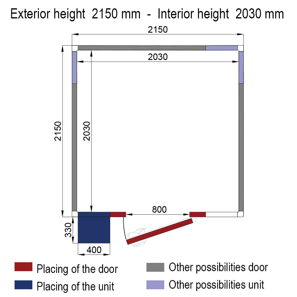 Détail d'une chambre ISO 60 Diverso avec groupe, isolation de 60 mm, dimensions 2030x2030x2030 mm, volume 8,37 m³