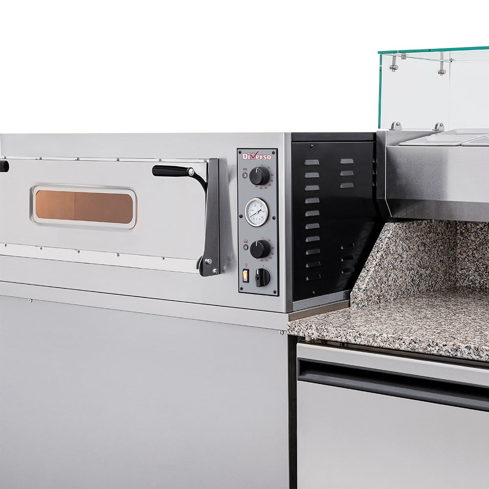 Four électrique Diverso pour 2x 3 pizzas diam. 350mm, double chambre 1080x410, avec détails visibles sur l'image.