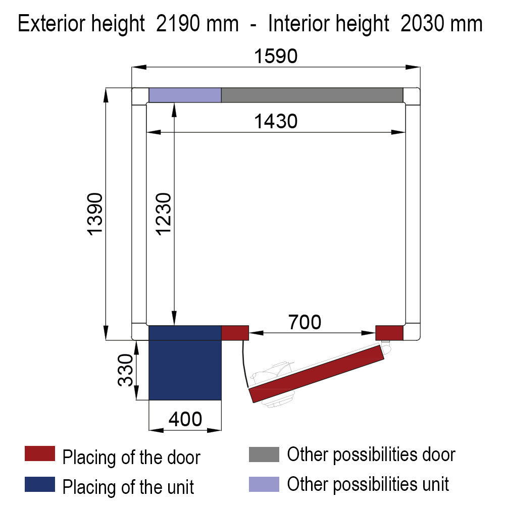 Chambre ISO 80 Diverso avec groupe, dimensions 1430 x 1230 x 2030 mm, isolation thermique de 80 mm, image détaillée