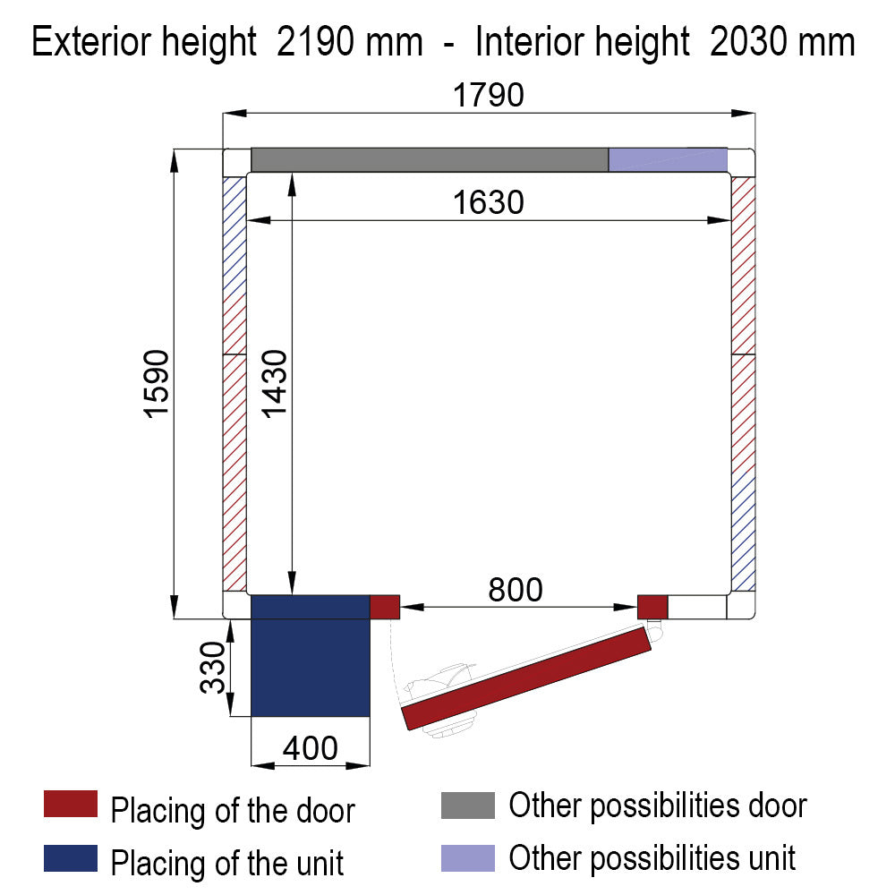 Chambre ISO 80 Diverso avec groupe, dimensions intérieures 1630x1430x2030mm, isolation thermique de 80 mm.