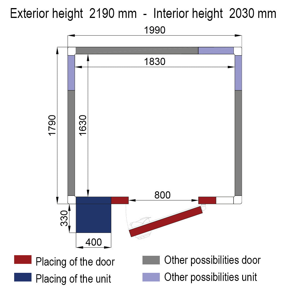 Chambre ISO 80 Diverso avec groupe, dimensions 1830x1630x2030mm, isolation thermique de 80 mm, vue détaillée