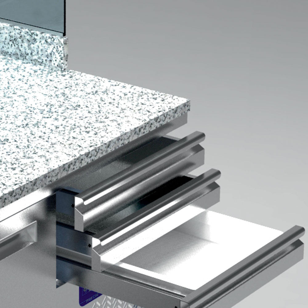 Table frigo pizzeria Diamond, modèle à 2 portes et 3 tiroirs, structure réfrigérée GN 1/4, dimensions 600x400 mm